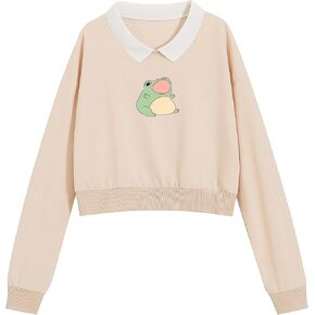 KIEKIECOO Cute Aesthetic Frog Sweatshirt for Teen Girls Kawaii Cartoon Graphic Hoodie Womens Preppy Cotton Pullover Sweaters