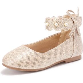 PANDANINJIA Girls Dress Shoes Flower Girl Flats Pearls Ballet Bow Mary Jane Ankle Strap Wedding Party Shoes for Toddler Little Big Kid