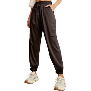 IWOLLENCE Satin Cargo Joggers للنساء برباط قابل للتمدد عالي الخصر كاجوال مع جيوب in Kuwait