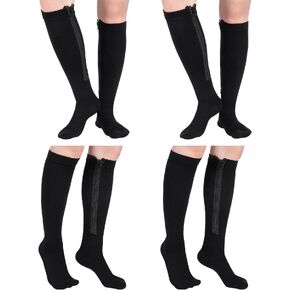 Tarpop 4 Pairs Inside Zipper Compression Socks 20-30 mmHg Inside Zipper Compression Stockings Closed Toe Knee Length Zipper Compression Socks for Women Men Swell Edema