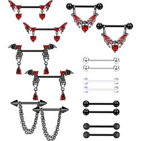 Besteel هيبوالرجينيك 14G حلقات الحلمة للنساء لطيف تشيكوسلوفاكيا الكرة الجراحية الصلب الحلمة ثقب المجوهرات أجنحة الخفافيش الحمراء هيكل عظمي القلب السهم سلسلة سوداء تتدلى اللسان الحلمة حلقات الحديد 8 أزواج in Kuwait