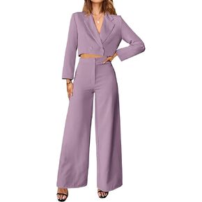 PRETTYGARDEN Women's 2 Piece Outfits 2023 Fall Casual Wrap Crop Blazers Jackets Wide Leg Pants Sets for Work Business in Saudi Arabia
