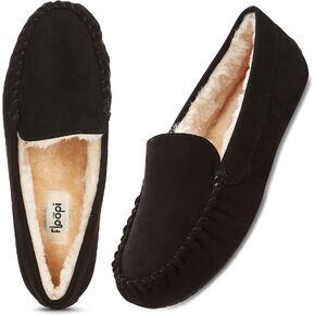 Floopi Women Slippers Moccasins, Soft Faux Fur Lining with Cozy Memory Foam, Ladies House Slippers for Women with Indoor & Outdoor Anti-Skid Sole