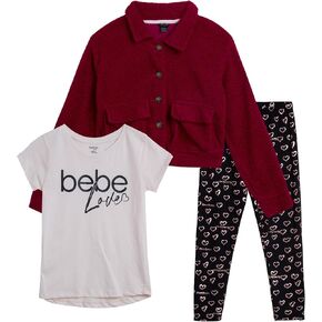 bebe Girls' Legging Set - 3 Piece Poodle Sherpa Shacket, T-Shirt, and Yoga Pants (7-12)