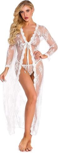 ملابس داخلية للنساء، فستان طويل مثير من الدانتيل، ثوب شفاف شفاف من خلال رداء كيمونو شبكي مزين بالورود، ملابس سباحة شبكية in Kuwait