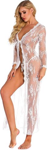 ملابس داخلية للنساء، فستان طويل مثير من الدانتيل، ثوب شفاف شفاف من خلال رداء كيمونو شبكي مزين بالورود، ملابس سباحة شبكية in Kuwait