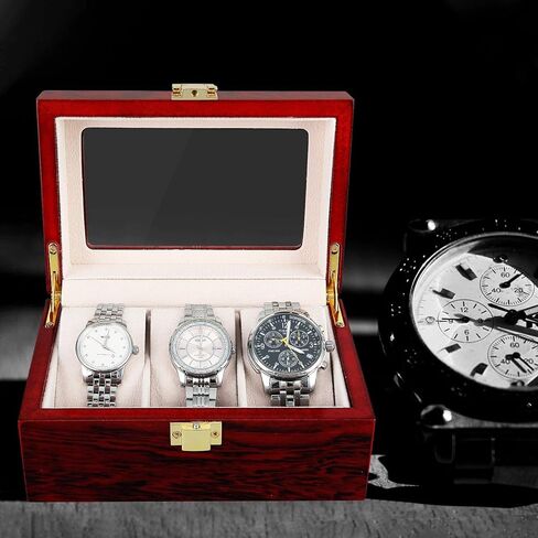 صندوق مجوهرات GAOBEI Watch للرجال 6 فتحات صندوق ساعة ، 6 ساعات 3 صندوق عرض نظارة شمسية ، منظم كبير للساعة مع نافذة زجاج حقيقي (3 فتحات) in Kuwait