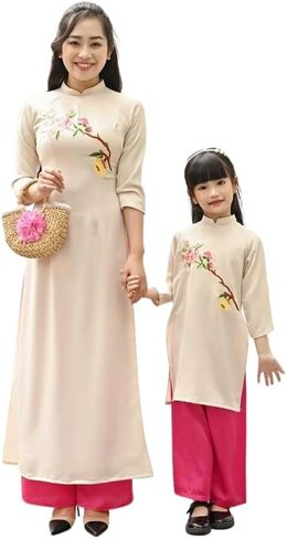 مجموعة أمي وابنتها كريم الحرير والتطريز آو داي | الفيتنامية التقليدية المعدة مسبقًا آو داي مع السراويل | آو داي للفتاة in Kuwait