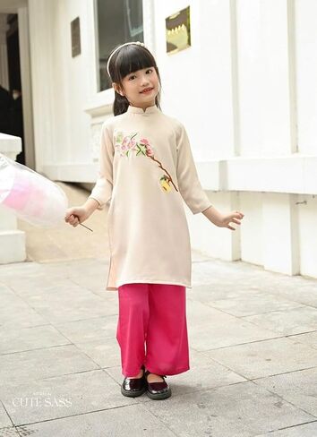 مجموعة أمي وابنتها كريم الحرير والتطريز آو داي | الفيتنامية التقليدية المعدة مسبقًا آو داي مع السراويل | آو داي للفتاة in Kuwait