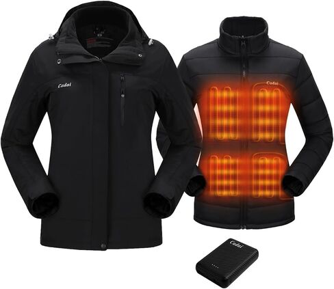 Cadai Women's 3-in-1 Heated Jacket with Battery Pack 5.2V, 8000mm H2O Waterproof Heated Coat with Removable Hood, for Skiing in Saudi Arabia