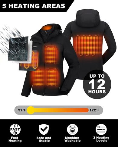 Cadai Women's 3-in-1 Heated Jacket with Battery Pack 5.2V, 8000mm H2O Waterproof Heated Coat with Removable Hood, for Skiing in Saudi Arabia