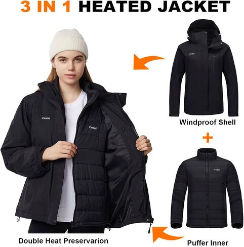Cadai Women's 3-in-1 Heated Jacket with Battery Pack 5.2V, 8000mm H2O Waterproof Heated Coat with Removable Hood, for Skiing in Saudi Arabia
