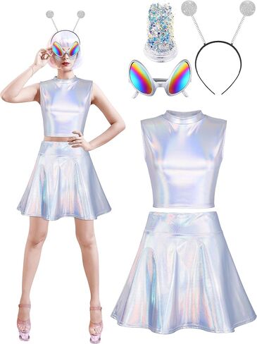 SOMSOC Alien Costume Metallic Top Sleeveless Crop Tank Top Pleated Skirt with Headband Glasses Glitter for Halloween Cosplay in Kuwait