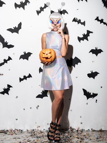 SOMSOC Alien Costume Metallic Top Sleeveless Crop Tank Top Pleated Skirt with Headband Glasses Glitter for Halloween Cosplay in Kuwait