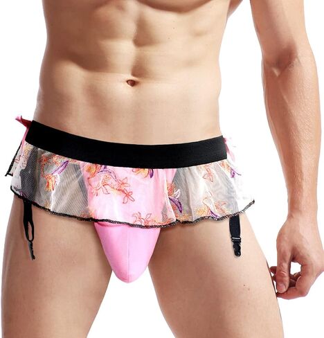 ABAFIP Men's Sissy Skirted Thong Panties Bowknot Low Rise G-string Bikini Briefs Underwear with 4 Gaters Belt in Saudi Arabia