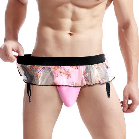 ABAFIP Men's Sissy Skirted Thong Panties Bowknot Low Rise G-string Bikini Briefs Underwear with 4 Gaters Belt in Saudi Arabia