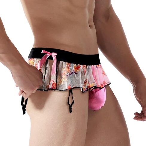 ABAFIP Men's Sissy Skirted Thong Panties Bowknot Low Rise G-string Bikini Briefs Underwear with 4 Gaters Belt in Saudi Arabia