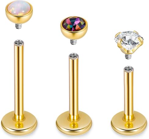 Vegolita 16G 18G 3PCS G23 Titanium Internally Threaded Labret Monroe Stud Lip Rings Opal CZCartilage Helix Tragus Stud Earrings Conch Stud Titanium Piercing Jewelry for Sensitive Skin 6MM 8MM 10MM in Saudi Arabia
