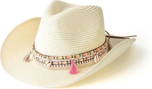 Gossifan Women's Woven Straw Cowboy Hat w/Beaded Trim Band Hat Beach Holiday Sun Hats in Kuwait