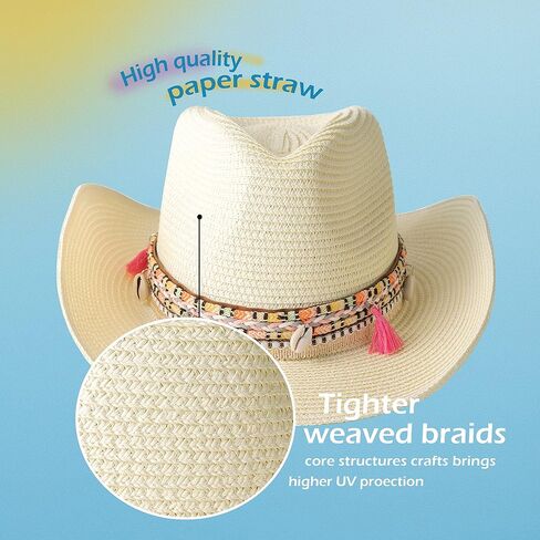 Gossifan Women's Woven Straw Cowboy Hat w/Beaded Trim Band Hat Beach Holiday Sun Hats in Kuwait