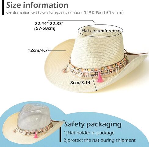 Gossifan Women's Woven Straw Cowboy Hat w/Beaded Trim Band Hat Beach Holiday Sun Hats in Kuwait