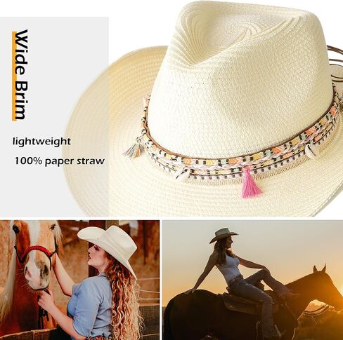 Gossifan Women's Woven Straw Cowboy Hat w/Beaded Trim Band Hat Beach Holiday Sun Hats in Kuwait