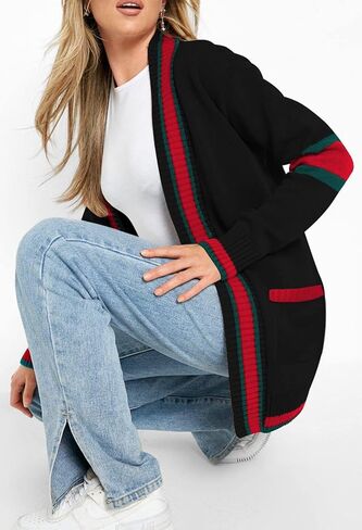 سترة نسائية من HACOPE محبوكة كبيرة الحجم ومخططة بلون مغاير وثنيات كيمونو وأكمام طويلة مفتوحة من الأمام سترة غير رسمية ملابس خارجية باللون الأسود M in Kuwait