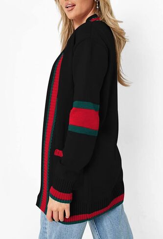 سترة نسائية من HACOPE محبوكة كبيرة الحجم ومخططة بلون مغاير وثنيات كيمونو وأكمام طويلة مفتوحة من الأمام سترة غير رسمية ملابس خارجية باللون الأسود M in Kuwait