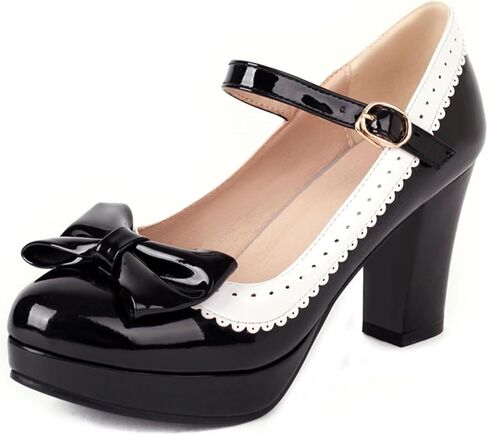 FOREADA Lolita Bow Platform High Heel Women Rockabilly Mary Jane | Features soft kawaii retro lolita tea party aesthetic, block heel, bow and round toe, versatile for dress wear in Saudi Arabia