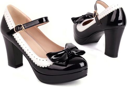 FOREADA Lolita Bow Platform High Heel Women Rockabilly Mary Jane | Features soft kawaii retro lolita tea party aesthetic, block heel, bow and round toe, versatile for dress wear in Saudi Arabia