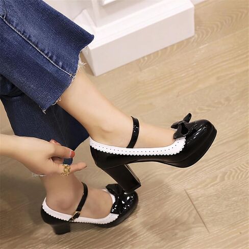 FOREADA Lolita Bow Platform High Heel Women Rockabilly Mary Jane | Features soft kawaii retro lolita tea party aesthetic, block heel, bow and round toe, versatile for dress wear in Saudi Arabia