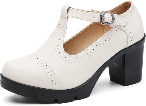DADAWEN Women's Leather Classic T-Strap Platform Chunky Mid-Heel Mary Jane Square Toe Oxfords Dress Pump Shoes in Kuwait