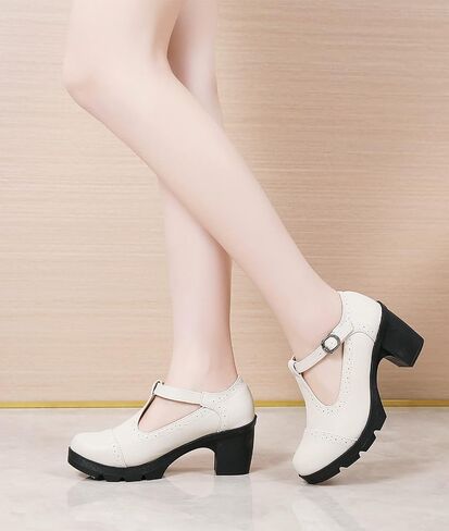 DADAWEN Women's Leather Classic T-Strap Platform Chunky Mid-Heel Mary Jane Square Toe Oxfords Dress Pump Shoes in Kuwait