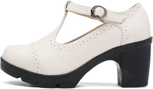 DADAWEN Women's Leather Classic T-Strap Platform Chunky Mid-Heel Mary Jane Square Toe Oxfords Dress Pump Shoes in Kuwait