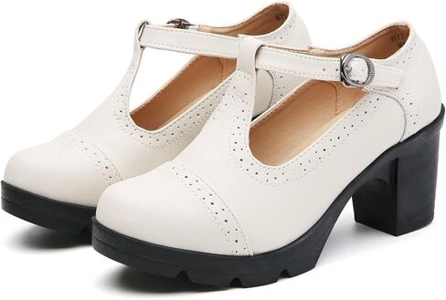 DADAWEN Women's Leather Classic T-Strap Platform Chunky Mid-Heel Mary Jane Square Toe Oxfords Dress Pump Shoes in Kuwait