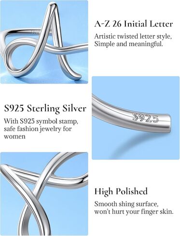 SILVERCUTE S925 Initial Rings, Adjustable Size 6-12 Statement Alphabet Letter A-Z Jewelry Personalized Twisted Initials Rings Sterling Silver Stacking Ring for Women Girls in Kuwait