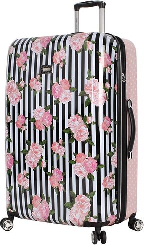Betsey Johnson 30 Inch Checked Luggage Collection - Expandable Scratch Resistant (ABS + PC) Hardside Suitcase - Designer Lightweight Bag with 8-Rolling Spinner Wheels (Stripe Roses, 30in) in Kuwait