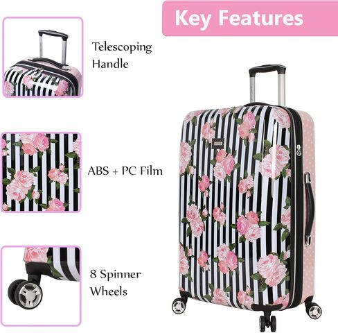 Betsey Johnson 30 Inch Checked Luggage Collection - Expandable Scratch Resistant (ABS + PC) Hardside Suitcase - Designer Lightweight Bag with 8-Rolling Spinner Wheels (Stripe Roses, 30in) in Kuwait