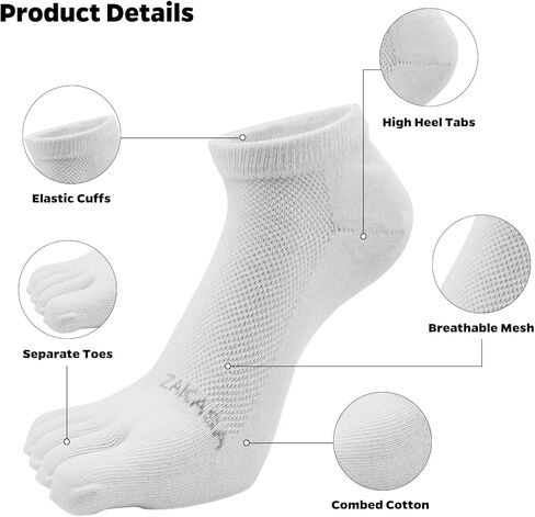 ZAKASA Mens Ankle Toe Socks Athletic Running Five Finger Cotton Crew Socks Breathable Mesh Top - Size 8-12 (5 Pairs) in Kuwait