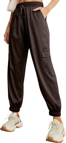IWOLLENCE Satin Cargo Joggers للنساء برباط قابل للتمدد عالي الخصر كاجوال مع جيوب in Kuwait