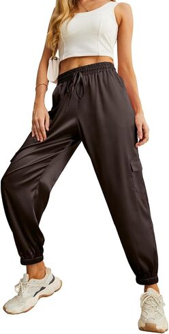 IWOLLENCE Satin Cargo Joggers للنساء برباط قابل للتمدد عالي الخصر كاجوال مع جيوب in Kuwait