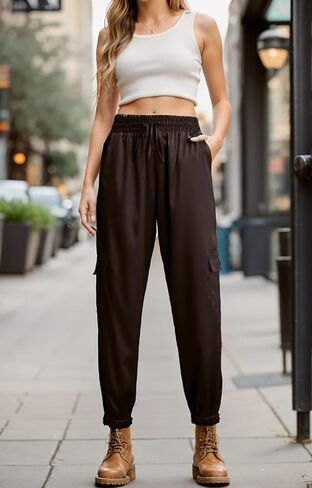 IWOLLENCE Satin Cargo Joggers للنساء برباط قابل للتمدد عالي الخصر كاجوال مع جيوب in Kuwait