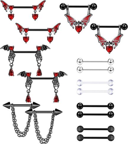 Besteel هيبوالرجينيك 14G حلقات الحلمة للنساء لطيف تشيكوسلوفاكيا الكرة الجراحية الصلب الحلمة ثقب المجوهرات أجنحة الخفافيش الحمراء هيكل عظمي القلب السهم سلسلة سوداء تتدلى اللسان الحلمة حلقات الحديد 8 أزواج in Kuwait