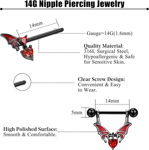 Besteel هيبوالرجينيك 14G حلقات الحلمة للنساء لطيف تشيكوسلوفاكيا الكرة الجراحية الصلب الحلمة ثقب المجوهرات أجنحة الخفافيش الحمراء هيكل عظمي القلب السهم سلسلة سوداء تتدلى اللسان الحلمة حلقات الحديد 8 أزواج in Kuwait