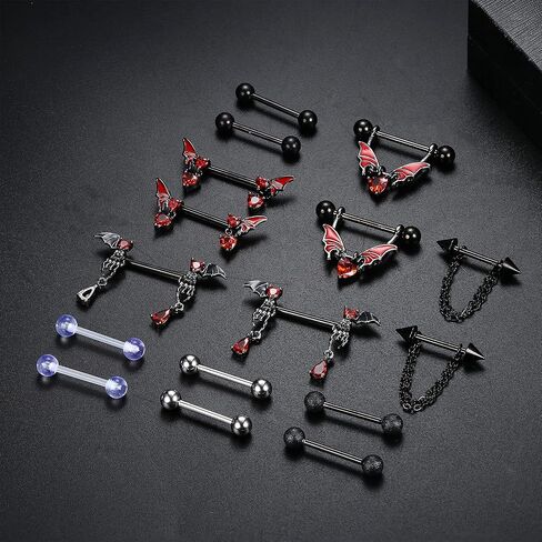 Besteel هيبوالرجينيك 14G حلقات الحلمة للنساء لطيف تشيكوسلوفاكيا الكرة الجراحية الصلب الحلمة ثقب المجوهرات أجنحة الخفافيش الحمراء هيكل عظمي القلب السهم سلسلة سوداء تتدلى اللسان الحلمة حلقات الحديد 8 أزواج in Kuwait