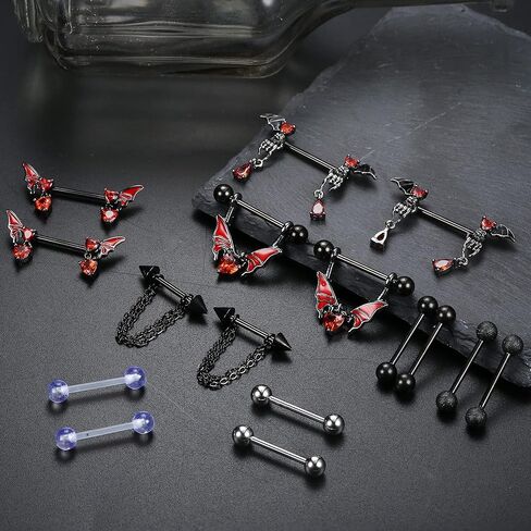 Besteel هيبوالرجينيك 14G حلقات الحلمة للنساء لطيف تشيكوسلوفاكيا الكرة الجراحية الصلب الحلمة ثقب المجوهرات أجنحة الخفافيش الحمراء هيكل عظمي القلب السهم سلسلة سوداء تتدلى اللسان الحلمة حلقات الحديد 8 أزواج in Kuwait