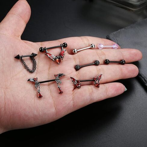 Besteel هيبوالرجينيك 14G حلقات الحلمة للنساء لطيف تشيكوسلوفاكيا الكرة الجراحية الصلب الحلمة ثقب المجوهرات أجنحة الخفافيش الحمراء هيكل عظمي القلب السهم سلسلة سوداء تتدلى اللسان الحلمة حلقات الحديد 8 أزواج in Kuwait