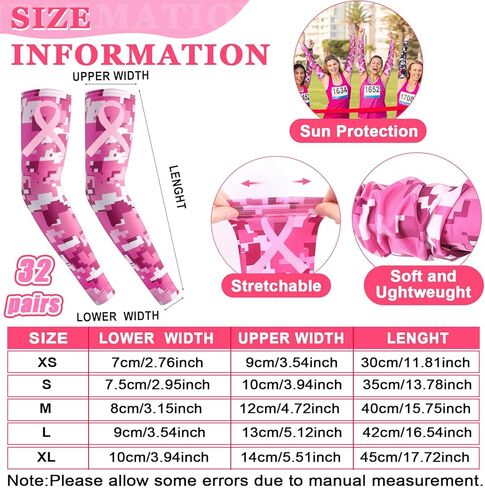 32 زوجًا من أكمام التوعية بسرطان الثدي وأكمام الذراع وشريط وردي لتبريد البيسبول وغطاء للذراع المضغوط كم للنساء والفتيات in Kuwait