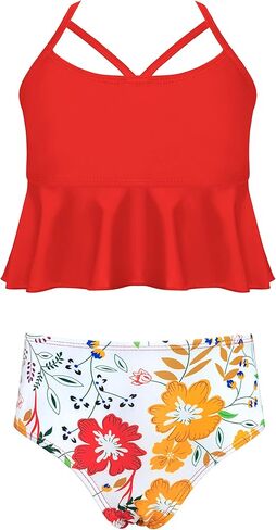 SHEKINI Girl's Criss Cross Back Bikini Floral Print Swim Bottoms Two Piece Swimsuit in Saudi Arabia