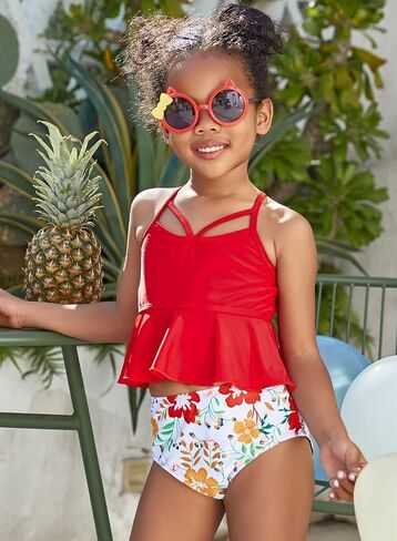 SHEKINI Girl's Criss Cross Back Bikini Floral Print Swim Bottoms Two Piece Swimsuit in Saudi Arabia